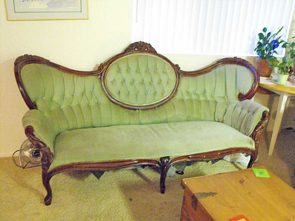 Cameo sofa — Cameo couch, engraved with roses, marked "BY Victorian" on back leg
