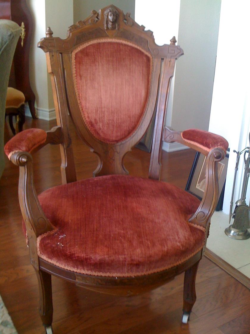 arm chair a small — Jelliff? Herter? Chairs with ladies heads and walnut veneers.