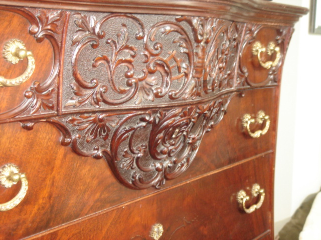 highboy carving frt — mahogany bedroom set - documentation of maker?