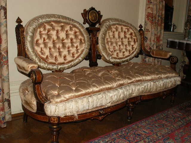 c3 — Pottier & Stymus rosewood double parlor set w/ original silk upholstery