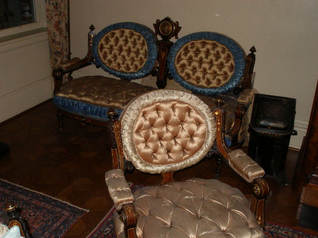 c5 — Pottier & Stymus rosewood double parlor set w/ original silk upholstery