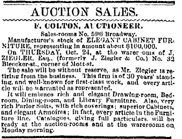 Auction [NY Times 1878 10 22] — Pottier & Stymus rosewood double parlor set w/ original silk upholstery