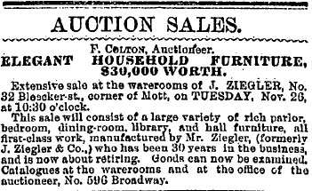 Auction [NY Times 1878 11 26] — Pottier & Stymus rosewood double parlor set w/ original silk upholstery